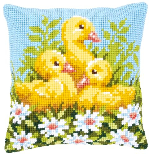 VERVACO Kreuzstich Stickpackungen Kissen Stickerei Set Anfänger Vorgedruckt Kükenschar mit Margeriten DIY Set Kreativ Set Für Erwachseneca. 40 x 40 cm Bastelset Handwerker Haus Dekoration