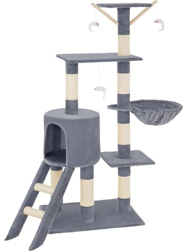 tectake® Arbol Rascador para Gatos, Rascador 144cm, Caseta, Varias Alturas, 3 Ratones de Juguete, Nido, Protección Antivuelco, Estructura Robusta, Juguetes para Gatos - Gris