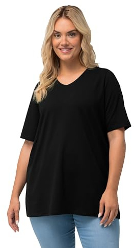Ulla Popken Femme Grandes Tailles T-Shirt V, Relaxed, Pur Coton Noir 58+ 515283 10-58+