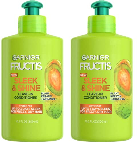 Garnier Fructis Sleek and Shine Intense Smooth Leave In Conditioner, Conditioning Hair Cream for Frizzy, Dry Hair, Plant Keratin + Argan Oil, 10.2 Fl Oz (Pack of 2)