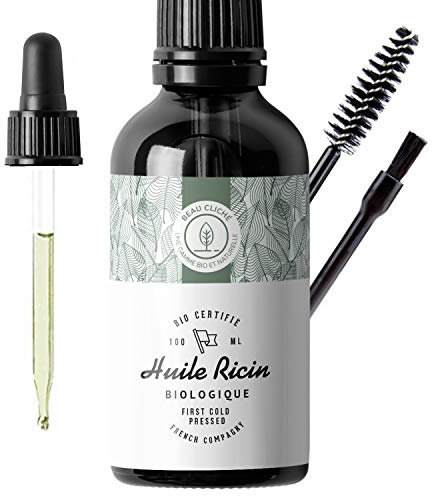 100ml Bio Rizinusöl, Kaltgepresst, Rein - Stimuliert und stärkt das Wachstum von Haar, Bart, Wimpern, Augenbrauen, Nägeln und Haut - Glasflasche, Bürste und Pinsel