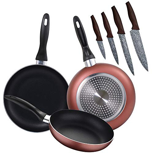 Renberg PK1927 3 sartenes 16/20/24 cms, más Juego de 4 Cuchillos de Cocina, Aluminio prensado/Acero Inoxidable