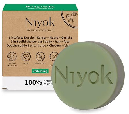 Niyok® 3-in-1 Feste Dusche Early Spring (80g) • Für Körper, Haare & Gesicht • Festes Duschgel, festes Shampoo & Gesichtsreinigung in Einem • Bio Naturkosmetik • Plastikfrei & Vegan