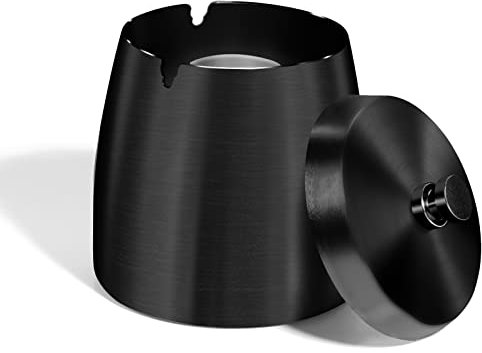 Aschenbecher für Draussen Groß Aschenbecher mit Deckel Geruchsdicht Windaschenbecher Standaschenbecher für Draußen Edelstahl für Zigaretten Ashtray Sturmaschenbecher für Draußen & Innen in Schwarz