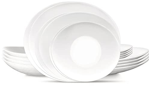 Bormioli Rocco Vajilla Prometeo de 18 piezas, juegos para 6, vidrio ópalo templado, blanco limpio, diseño curvado con texturas externas, apto para lavavajillas y microondas.