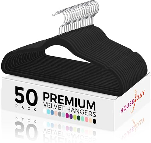 HOUSE DAY Premium Velvet Hangers 50 Pack Black, Non-Slip Flocked Felt Hangers, Sturdy Clothes Hangers with 360° Rotatable Hook, Heavy Duty Coat Hanger, Durable Slim Hanger for Closet Space Saving