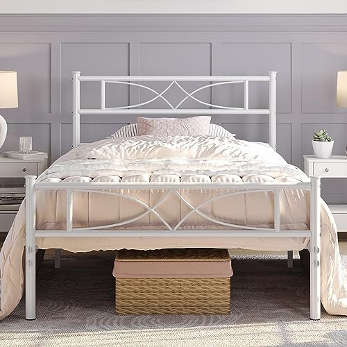 Yaheetech Cadre de Lit 90x200 cm avec Sommier, Lits en Métal Simple pour Adulte 1 Personne Une Place, Sommier à Lattes et Tête de Lit, 32cm Espace de Rangement, Assemblage Simple, Blanc