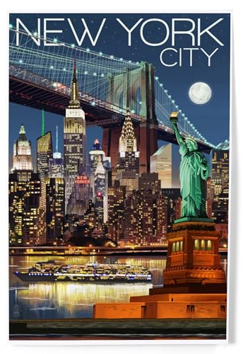 Lantern Press 8x12 Inch Art Print Wall Decor, New York City, NY, Skyline at Night