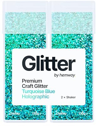 Hemway Craft Glitter Shaker Turquoise Blue Holographic 130g x2 Pack Chunky | for Resin & Epoxy Crafts, Christmas Art Supplies, Nail, Body, Face, Eye, Festival, Crafting, Slime, Sparkle