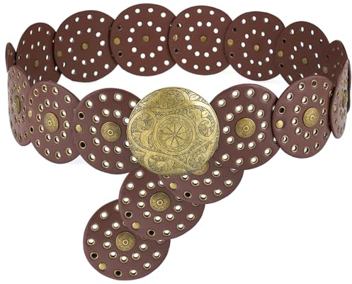 LIMHOO Ceinture à Large Disque Pour Femmes Ronde Creuse en Cuir de Taille Occidentale Boho (A Marron Moyen)