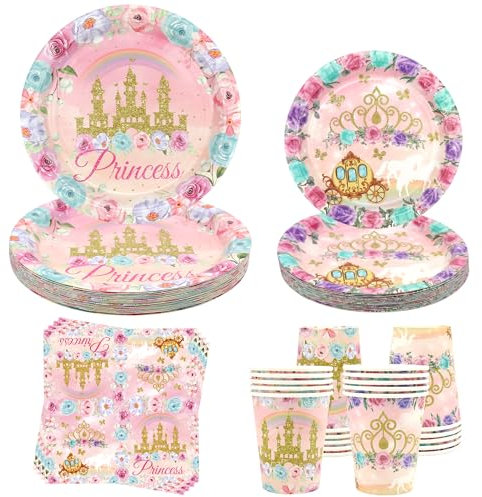 Ywediim Set di stoviglie per feste a tema principessa, include piatti, tovaglioli, tazze, per ragazze, feste di compleanno, baby shower, decorazioni per 20 ospiti (20 persone)