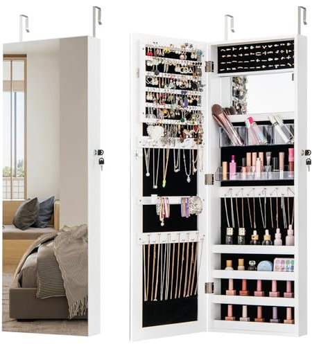 COSTWAY Jewellery Cabinet, Door Hanging/Wall Mounted Jewelry Armoire with Full Length Mirror, Inner Makeup Mirror and Large Storage, Bedroom Lockable Cosmetics Jewellery Organiser Unit (White)