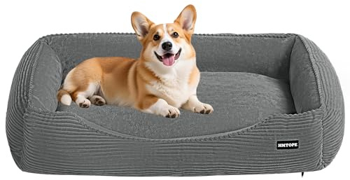 HMTOPE Hundebett, Hundesofa, Hundematte aus Cord, S/M/L, rutschfest, Abnehmbar und Waschbar, Weich und Atmungsaktiv, Mittelgrau, 90 x 75 x 25 cm