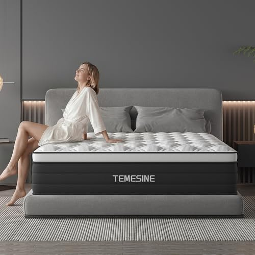 TEMESINE King Size Mattress, 14 Inch Hybrid Mattress in a Box with Individual Pocket Spring, Gel Memory Foam and Euro Top, Medium Firm Feel with Motion Isolation, Pressure Relief, Edge Support,Black