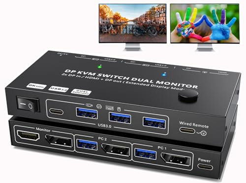 8K Displayport KVM Switch 2 PC 2 Monitor 4K@144Hz 8K@30Hz, MST Dual Monitor KVM Switch DP IN/DP+HDMI Out für 2 PC shar 2 Monitors und 4 USB 3.0 Ports, KVM Switches Displayport 1.4 mit Wired Remote