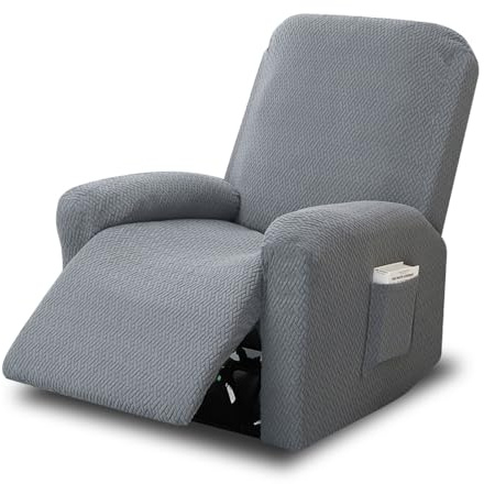 CAAGGMM Funda Elástica para Sillón Reclinable, 4 Piezas Fundas Elásticas para Sillones de Relax con Bolsillos, Funda para Sillón Individual de Descanso, para Sofás de un Solo Asiento(Gris Claro)