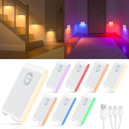 WILLED Led Nachtlicht mit Bewegungsmelder RGB & Warmweiß, Aufladbar USB lampe mit bewegungsmelder innen, Treppenbeleuchtung mit 3 Modi, Treppenlicht für Treppe,Flur,Schlafzimmer,Küche,Badezimmer