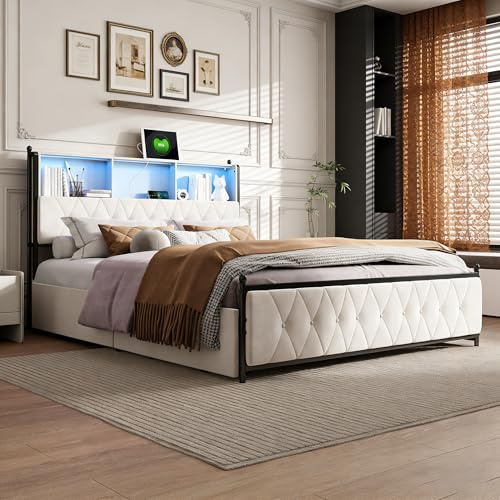 KRYZOR Polstrad säng, dubbelsäng, 160 x 200 med 4 lådor och LED-belysning, ungdomssäng med USB och Typ-C, funktionssäng, sängram med ribbotten, sammet (beige sammet, 160 x 200 cm)