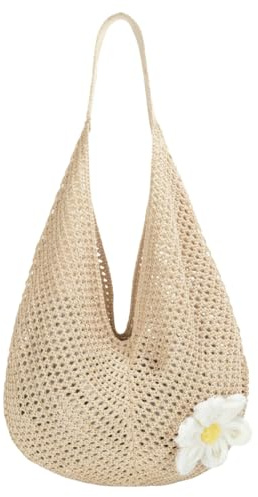 Sac de Plage Femme Ete pour Vacances, Beige Sac de Plage au Crochet pour Femme Vintage, Pliable Sacs à Bandoulière en Maille Filet Léger Style Bohème pour les Vacances, le Shopping, le Quotidien