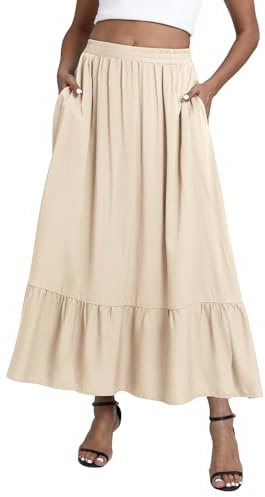 EXCHIC Femmes Boho Flottant Élastique Waist A-Line Maxi Jupe Volants Plissée Plage Longue Jupes avec Poches