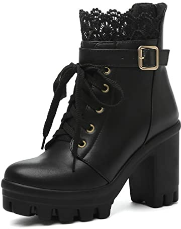 Donna Plateau Stivaletti con Tacco Largo Alto con Lacci Punta Tonda Punta Tonda in Pizzo Stivali da Festa con Cerniera,Nero,35 EU