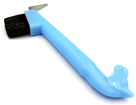 JA Horse JA2011 Grattoir à sabots avec poignée en forme de tête de cheval en plastique professionnel avec pointe en métal stable et brosse intégrée pour l'entretien quotidien des sabots (bleu clair)