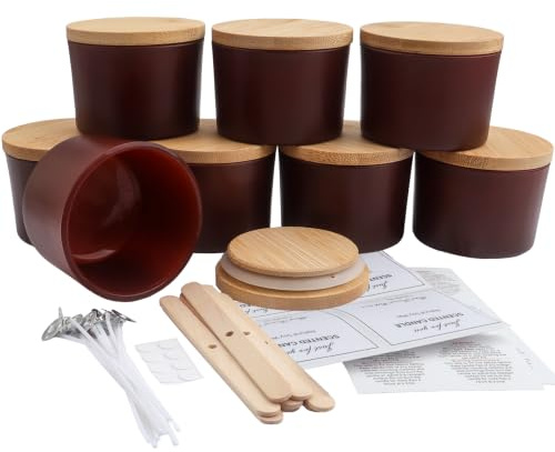 LHNNDM 8 Pack 4 oz Amber Glass Jars, Empty Candle Jar With Bamboo Lids- Spice DIY Candle Making and Multi-Purpose Storage, Powder Containers - Dishwasher Safe (frosted Amber)
