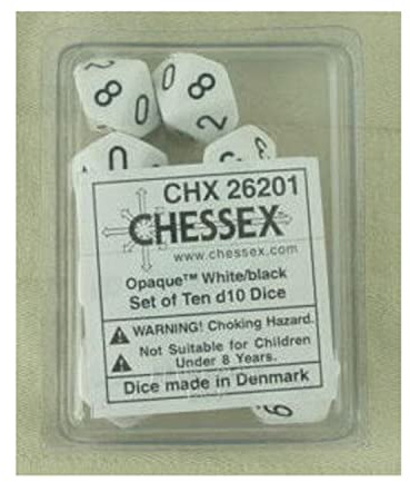 Chessex Opaque Polyhedral Ten d10 Set - White/Black