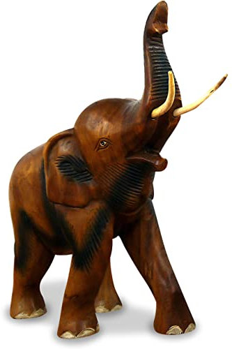 livasia Holzelefant (Rüssel Oben) Tierskulptur aus Massivholz, Holzfigur (großer Elefant)
