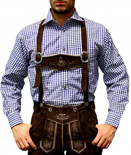 German Wear Trachtenhemden für Herren mit Langen Ärmeln, klassisches Karomuster, hochwertige bayerische Mode mit Hirsch-Stickerei und kardieten Ärmeln Dunkelblau- XL
