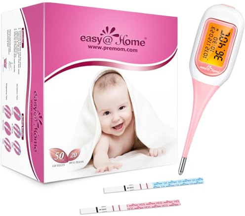 Easy@Home Kit per il Monitoraggio della Fertilità: include un termometro BBT con sincronizzazione automatica e 50 strisce per test di ovulazione e 20 di gravidanza per il monitoraggio della fertilità