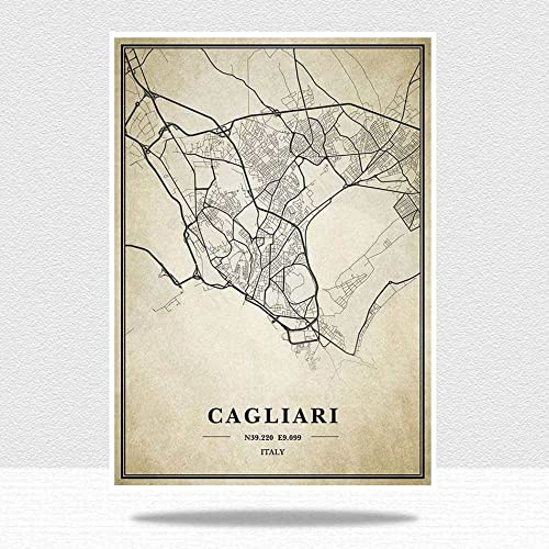 Canvas tryck väggkonst bild - Italien Cagliari vintage stadskarta affischer tryck konstverk oinramade bilder moderna personliga målningar jul souvenir gåva heminredning, 20 x 30 cm/7,87 x 11,81 tum
