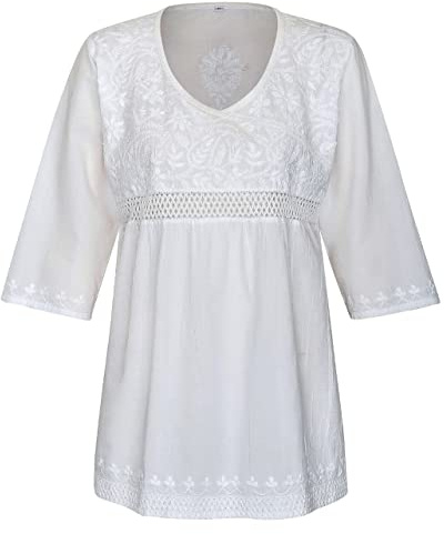 Maharanis Kurti Tunika Bluse tailliert Reine Baumwolle weiß handbestickt S