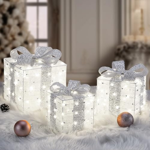 Light up Present Boxes Christmas, ELKTRY 8 Modes 3 Christmas Parcel Lights with Timer, Bows, Pine, Silver Beads, Gift Boxes Xmas Decorations for XmasTree Indoor/Outdoor