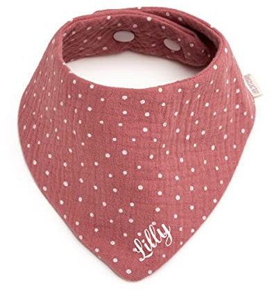 Personalisiertes Dreieckshalstuch aus Baumwolle, Halstuch für Jungen, Mädchen, Unisex, mit Druckknopfverschluss, in verschiedenen Farben mit Wunschnamen-Musselin gepunktet (Altrosa)