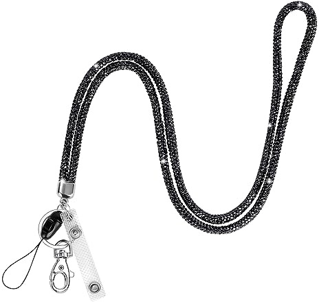 OFFCUP Lanière Collier En Cristal, Porte-Clés Bling Porte-Badges Transparent avec Lanière en Cristal et Fermoir à Homard pour Carte de Visite,Carte Bus -Noir