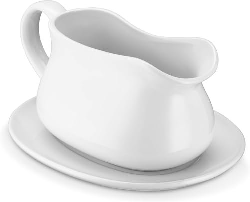 Saucière avec soucoupe, 450 ml en porcelaine, sauce en porcelaine de qualité supérieure, récipient blanc pour sauces, vinaigrettes, crème, bouillon de lait, poivre noir