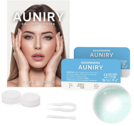 AUNIRY Lentilles Couleur Bleu AQUAMARINE Naturel : Kit Complet (2 Lentilles, Pince, Ventouse Et Étui), 12 Mois, Sans Correction, Sans Prescription, 0 Dioptrie et DIA 14.2mm | AUNIRY
