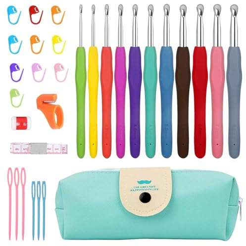 YWKJDDM Set di 37 uncinetti colorati, set di uncinetti ergonomici, in gomma morbida e confortevole, per lavorare a maglia, attrezzi per la casa con borsa portatile