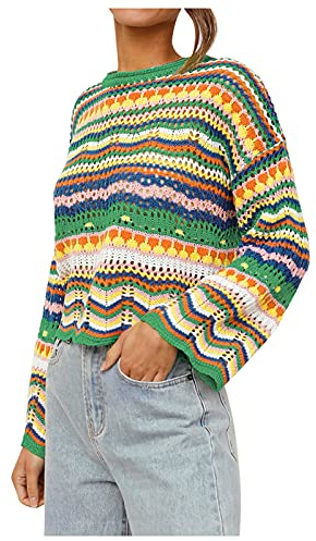 Générique Pull au Crochet Vintage Manches Longues col Rond Rainbow Stripe Pull pour Femmes Haut en Tricot décontracté