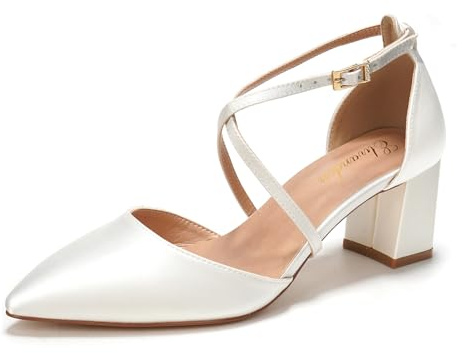 Elivandon J1586 Mujer Satén Punta Puntiaguda Tacón Medio 6cm Sandalias Noche Tacón Ancho Nupcial Boda Zapatos Tira Larga Color Marfil,Tamaño 38 EU