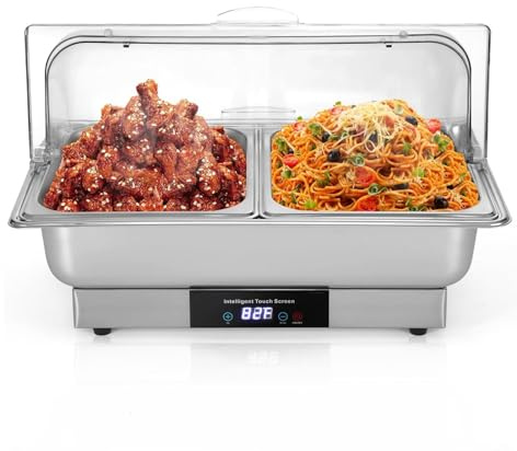 Obesntln Servidores y Calentadores de Buffet Eléctricos,Chafing Dishes para Buffet Eléctrico,Plato de frotamiento de Acero Inoxidable de 9 Cuartos - Plato de frotamiento con Tapa Enrollable, Servidor