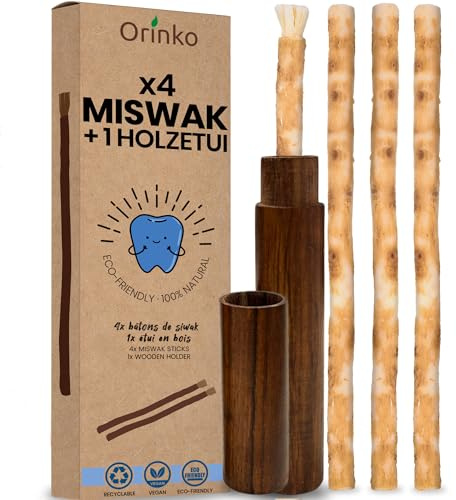 ORINKO® Miswak Natural x4 con Estuche de Madera - Cepillo de Dientes Ecológico para Blanqueamiento Dental - Raíz de Salvadora Persica para Higiene Bucal - Alternativa Cero Waste y Vegana