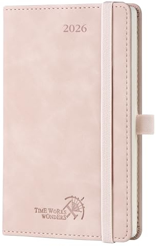 POPRUN Kalender 2026 Liten 16 x 10,5 cm Veckoplanerare, 1 Sida per Vecka med 1 Sida Anteckningar, Mjukt Omslag i PU-Läder, Bokmärkesband, 100 GSM Tjockt Papper, Blekt rosa
