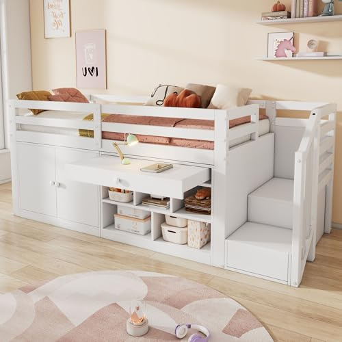 Kinderbett 90x200, Hochbett mit Schreibtisch, Stauschrank und Stauraumtreppe, Holzbett mit Rausfallschutz&Lattenrost, Einzelbett Jugendbett Funktionsbett Stauraumbett Bettgestell, ohne Matratze, Weiß