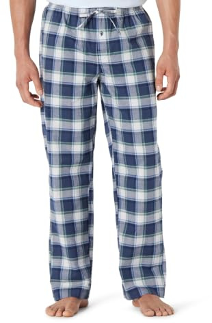 Amazon Essentials Men's Cotton Poplin Straight-Fit Pajama Pants with Pockets, Elastic Waist, Drawstring, Indigo Country Plaid, Large