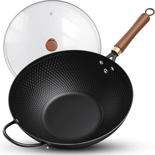 Jobin Wok Antiadhésif 33 cm, Pré-assaisonné wok Induction avec Poignée Auxiliaire en Bois et Acier, Sans Revêtement Chimique, Wok Pour Induction, Plaques Électriques, Gaz