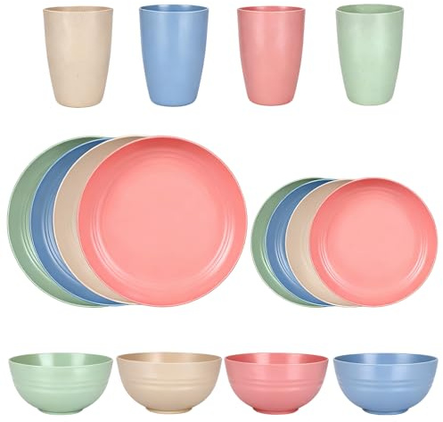 16PCS Pieces Plastic Dinnerware Set, Plastic Plates and Bowls Set for 4