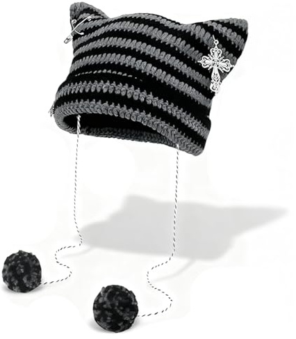 Cat-Ear Knitted Beanie for Women,Spring/Winter Y2K Striped Knit Beanie Korean Style Cute and Warm Pull-Over Wool Hat Gift for Kids and Adults (Black) (Black CAT)