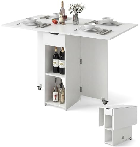 COSTWAY Esstisch klappbar, Küchentisch mit Rollen, Schublade und 2 Ablagefläche, Klapptisch für 2-4 Personen, Esszimmertisch für kleine Räume, Esszimmer, Küche, 120 x 72 x 75 cm (Weiß)